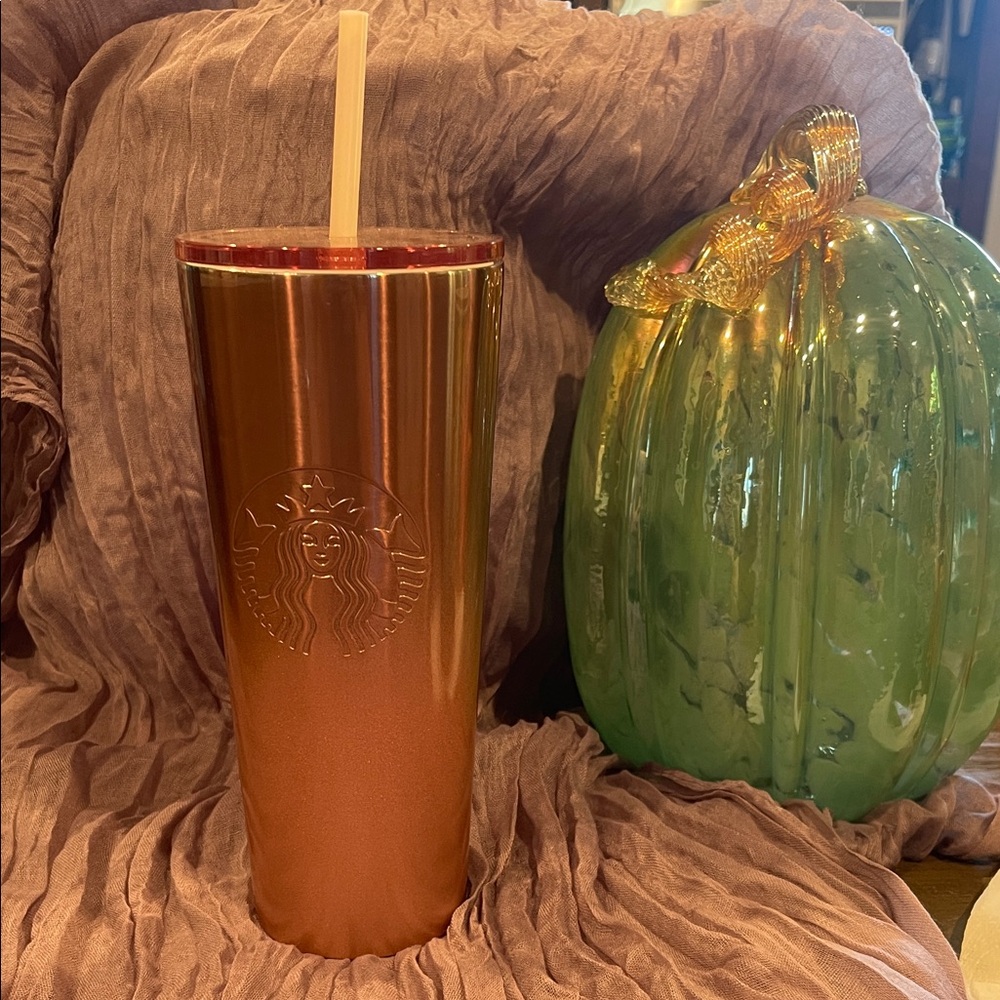 Starbucks Metallic rose gold hombre Tumbler with Straw. Gently used